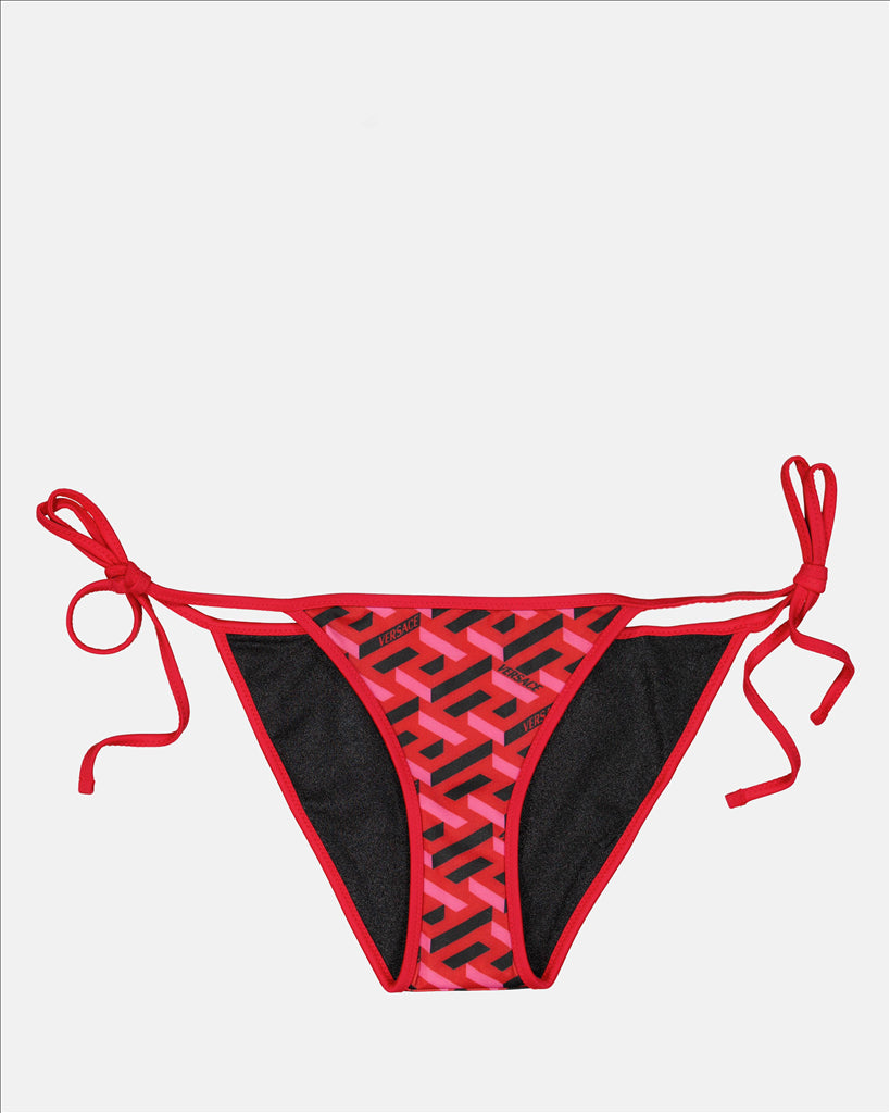 Versace bikini bottoms, red swimwear, luxury bathing suit, summer trends, elegant swimwear