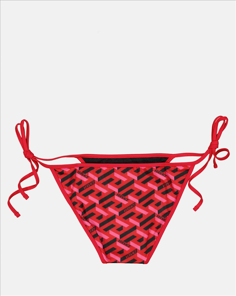 Versace bikini bottoms, red swimwear, luxury bathing suit, summer trends, elegant swimwear