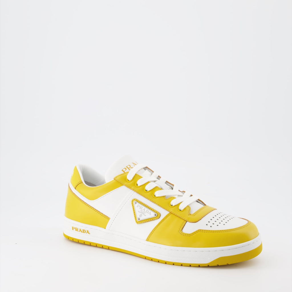 Prada sneakers, luxury men's shoes, yellow-white sneakers, trendy casual footwear, designer men's sneakers