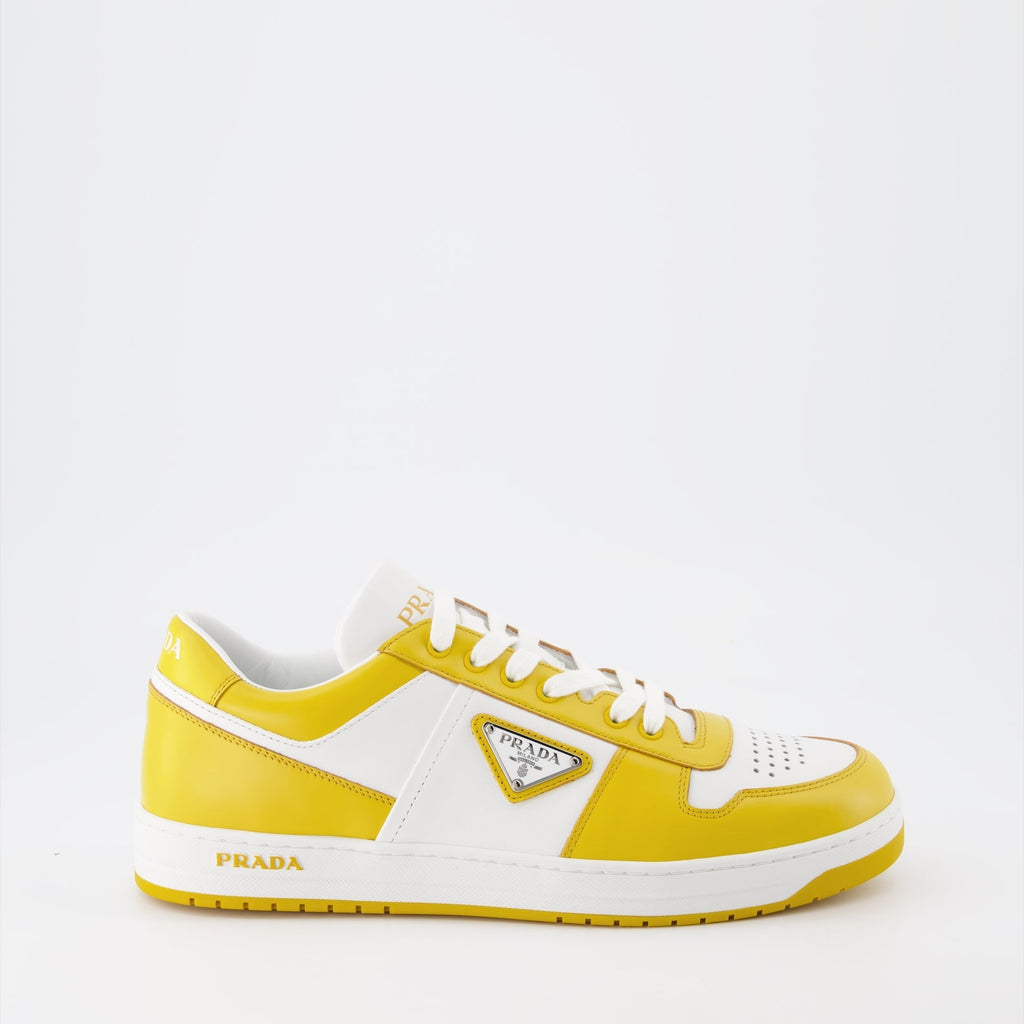 Prada sneakers, luxury men's shoes, yellow-white sneakers, trendy casual footwear, designer men's sneakers