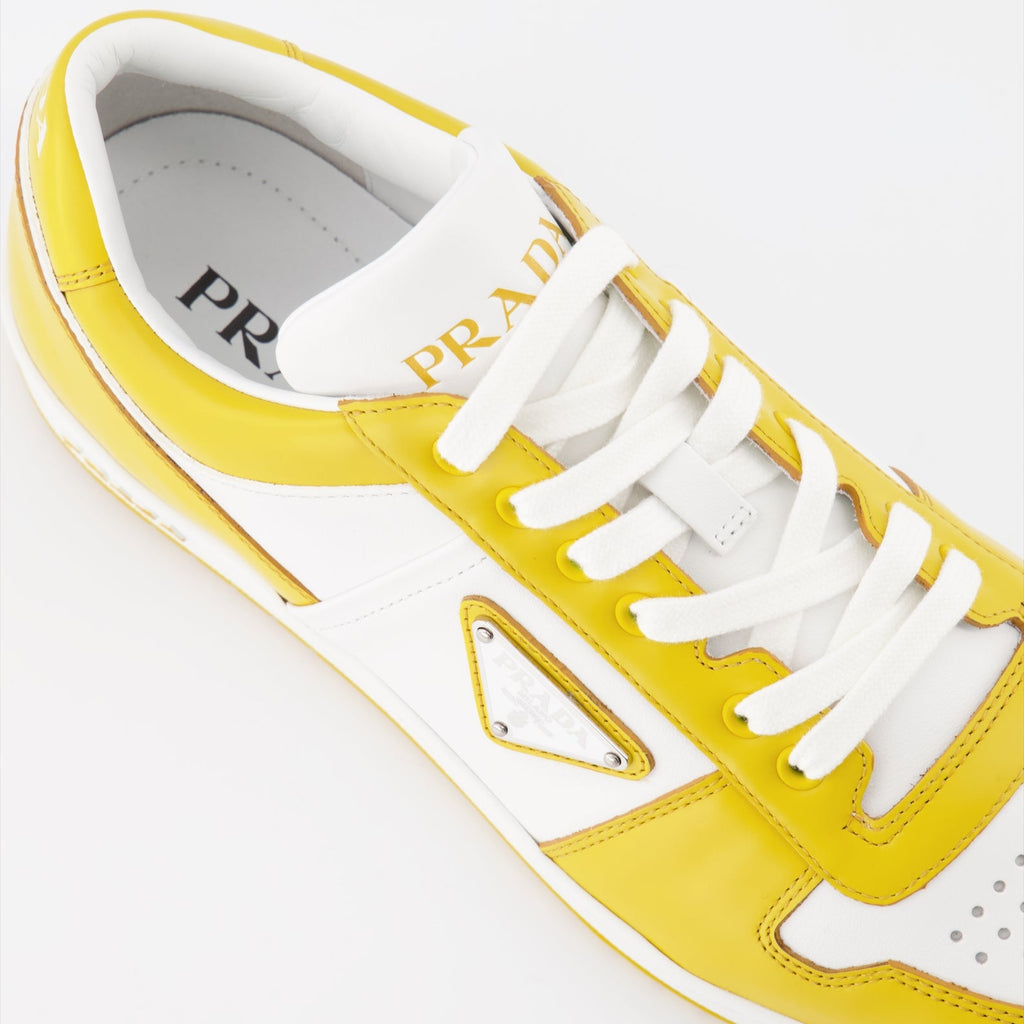 Prada sneakers, luxury men's shoes, yellow-white sneakers, trendy casual footwear, designer men's sneakers