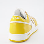 Prada sneakers, luxury men's shoes, yellow-white sneakers, trendy casual footwear, designer men's sneakers