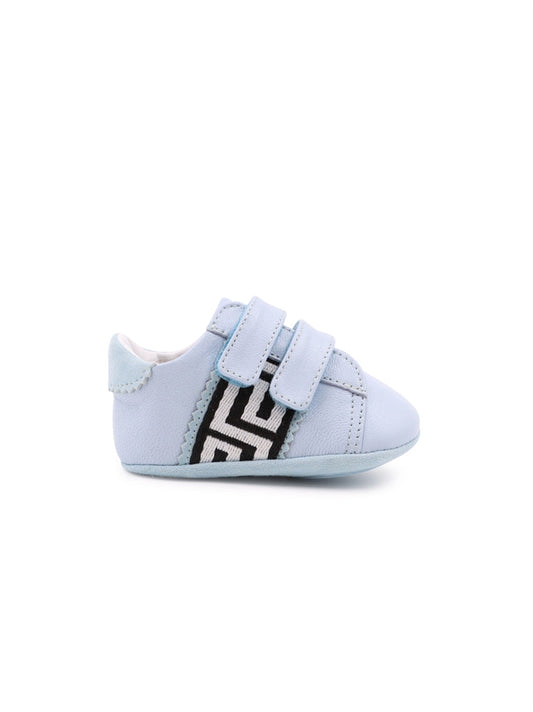 Versace kids sneakers, luxury children's footwear, designer shoes for kids, Greca pattern sneakers, blue Versace sneakers