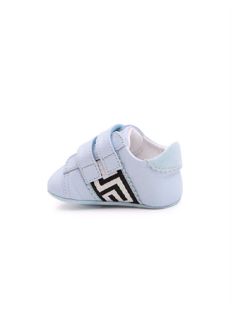 Versace kids sneakers, luxury children's footwear, designer shoes for kids, Greca pattern sneakers, blue Versace sneakers