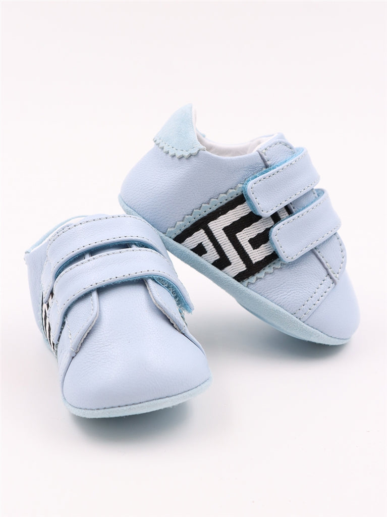 Versace kids sneakers, luxury children's footwear, designer shoes for kids, Greca pattern sneakers, blue Versace sneakers