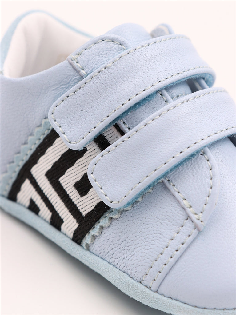Versace kids sneakers, luxury children's footwear, designer shoes for kids, Greca pattern sneakers, blue Versace sneakers