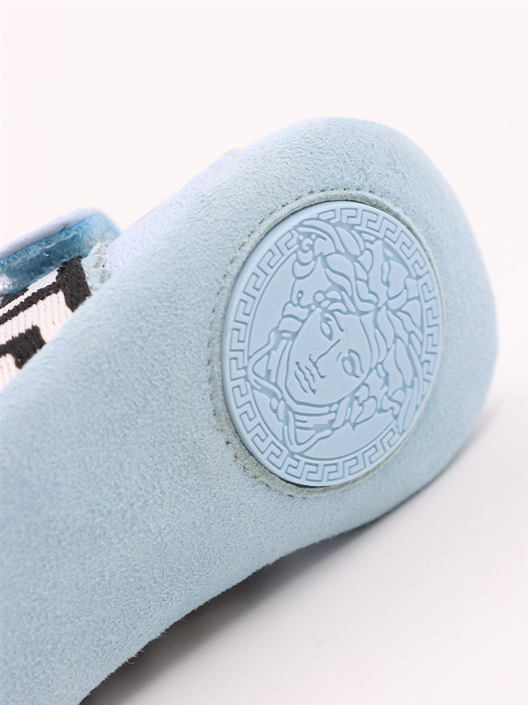 Versace kids sneakers, luxury children's footwear, designer shoes for kids, Greca pattern sneakers, blue Versace sneakers