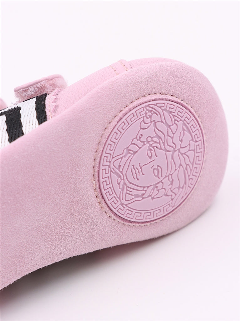 Versace kid's sneakers, Greca pattern shoes, luxury children's footwear, pink sneakers for kids, designer kid's shoes