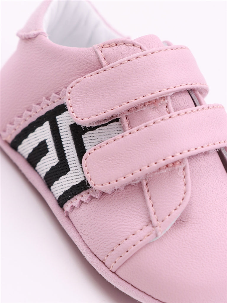 Versace kid's sneakers, Greca pattern shoes, luxury children's footwear, pink sneakers for kids, designer kid's shoes