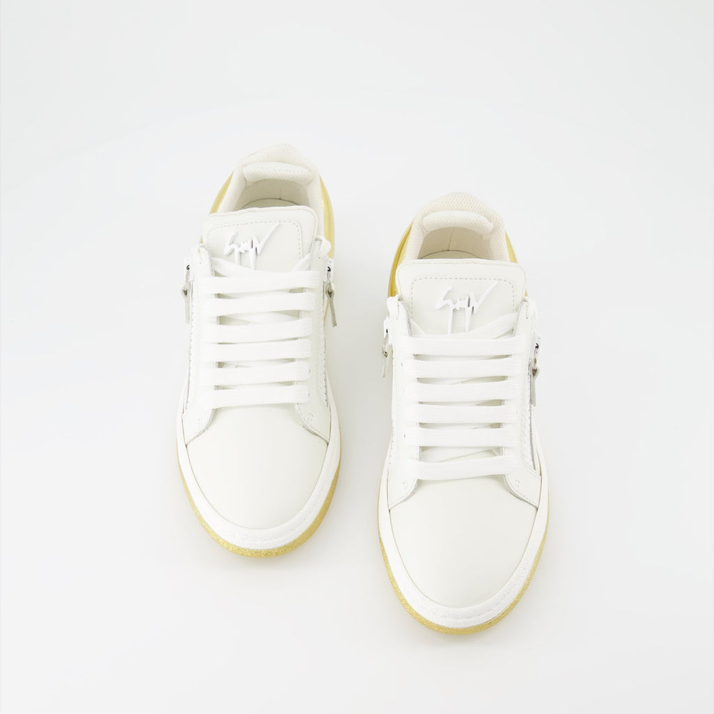 Giuseppe Zanotti sneakers, luxury women’s shoes, white-gold sneakers, high-end fashion, designer footwear