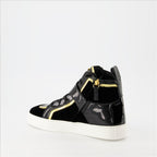 Giuseppe Zanotti sneakers, high-top leather sneakers, luxury women's sneakers, designer footwear, elegant sneakers
