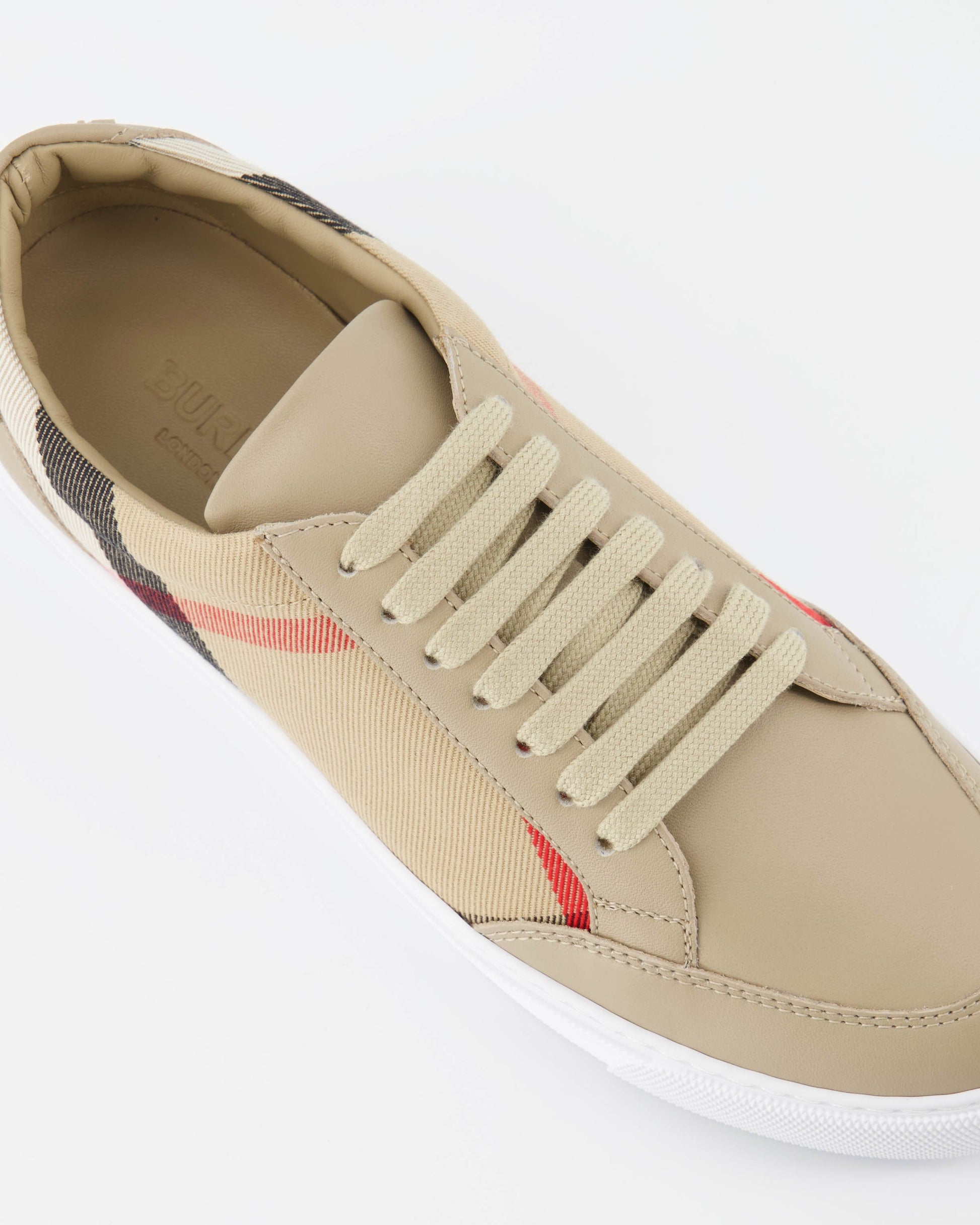 Burberry sneakers, luxury women's footwear, beige checkered shoes, designer leather sneakers, high-end casual shoes