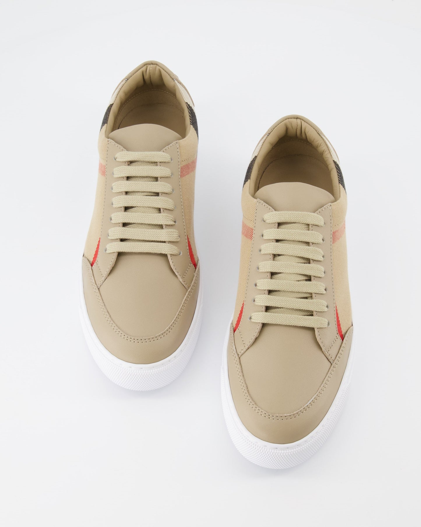 Burberry sneakers, luxury women's footwear, beige checkered shoes, designer leather sneakers, high-end casual shoes