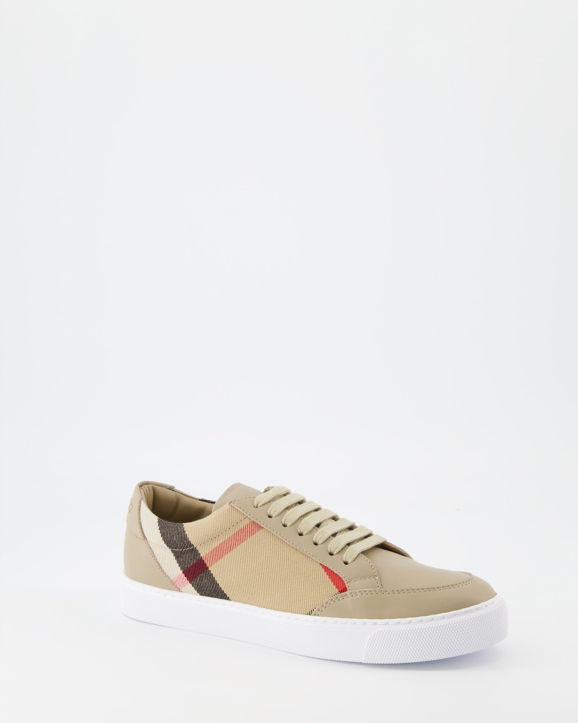 Burberry sneakers, luxury women's footwear, beige checkered shoes, designer leather sneakers, high-end casual shoes