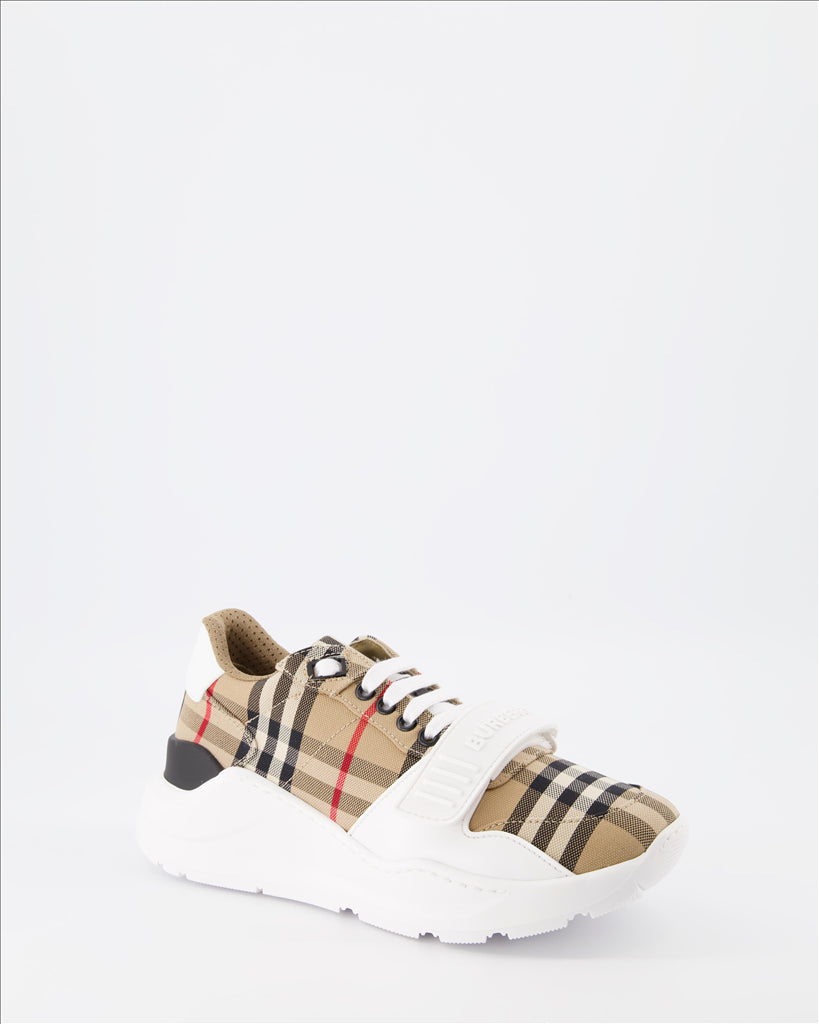Burberry sneakers, luxury women’s footwear, checkered sneakers, stylish beige sneakers, high-end designer shoes