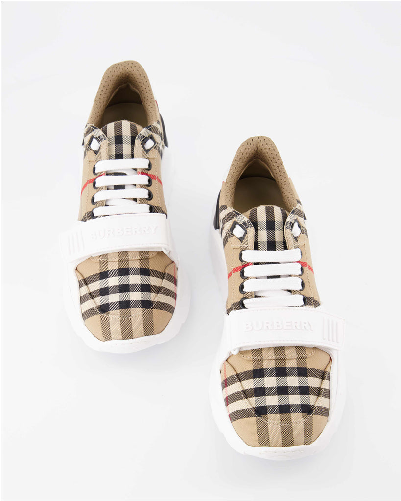 Burberry sneakers, luxury women’s footwear, checkered sneakers, stylish beige sneakers, high-end designer shoes