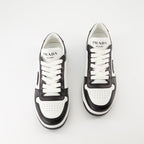Image of White and Black Leather Downtown Sneakers by Prada for Women - Season Autumn-Winter 2024 - Top View Pair