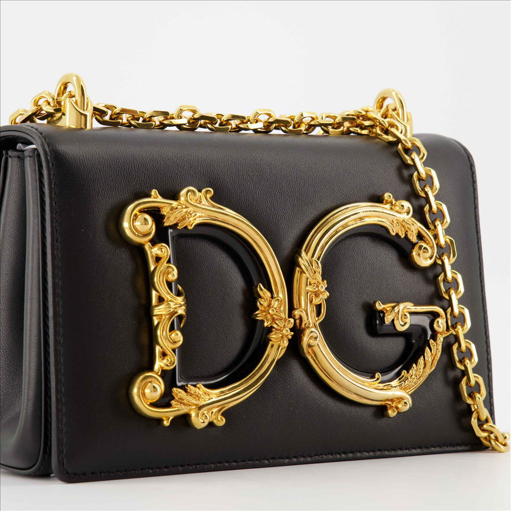 Nappa leather bag, Dolce & Gabbana, elegant luxury, chain shoulder strap, baroque DG logo