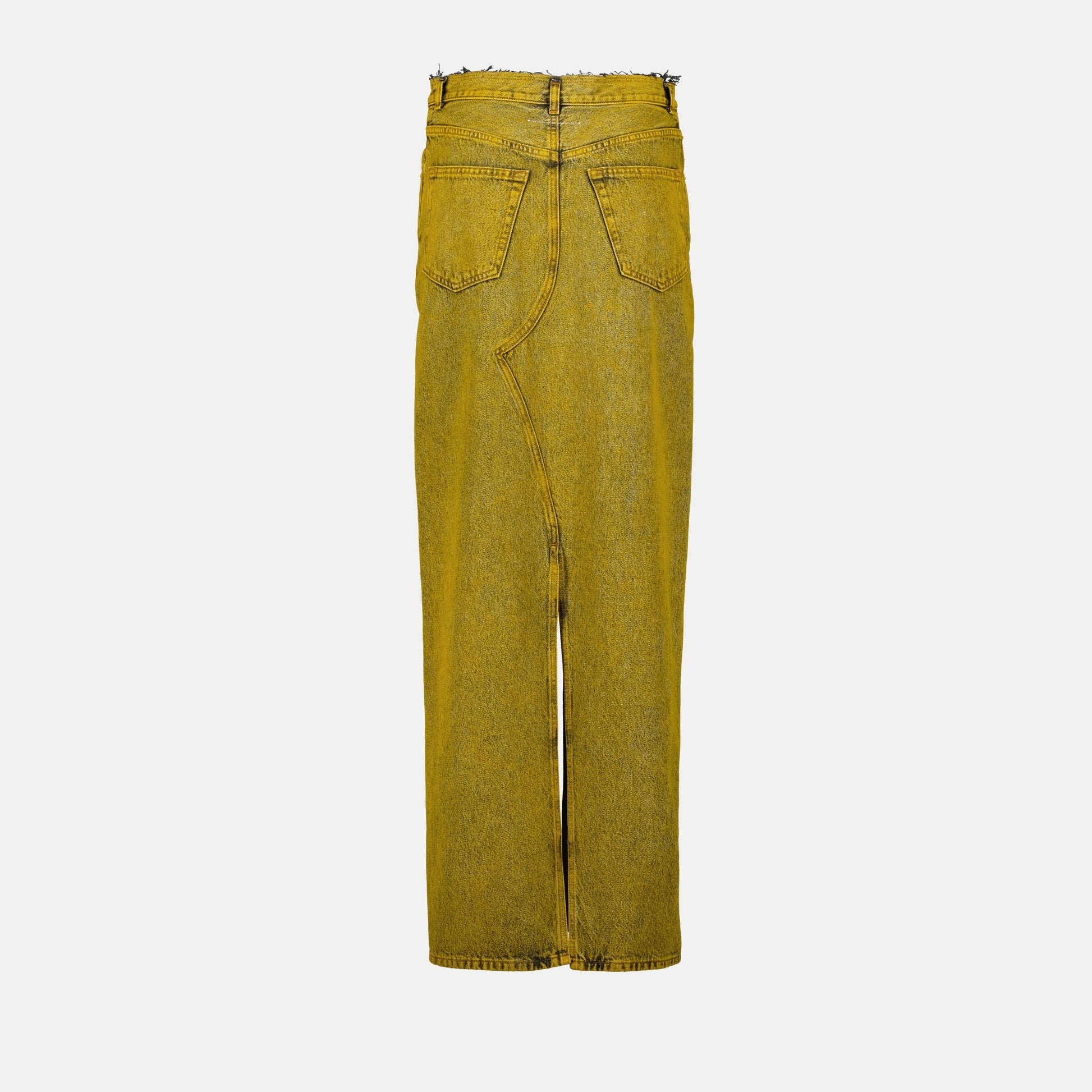 denim maxi skirt, vintage wash skirt, MM6 skirt, yellow denim skirt, frayed edge skirt