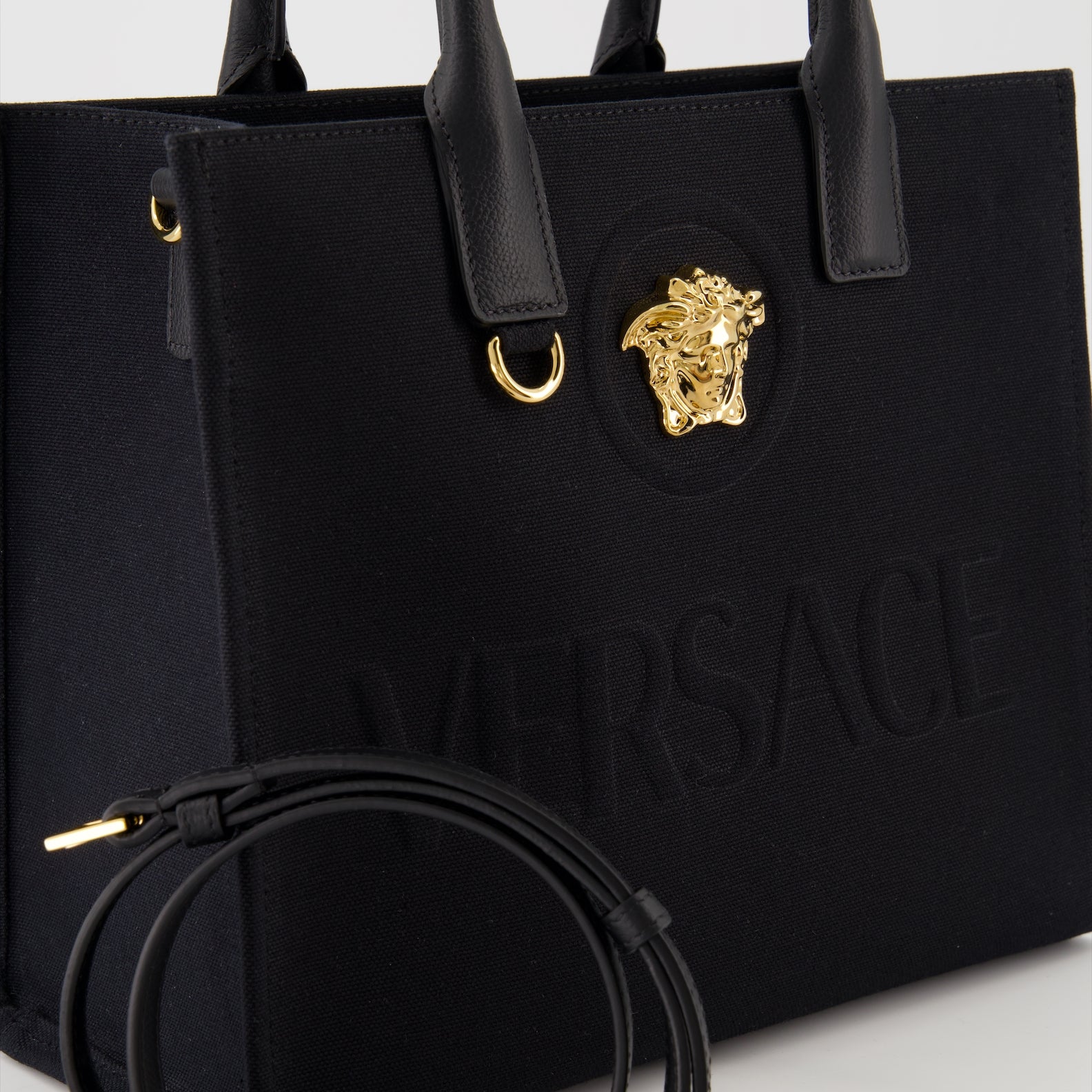 Versace tote bag, La Medusa bag, luxury canvas tote, black tote bag, designer tote bag