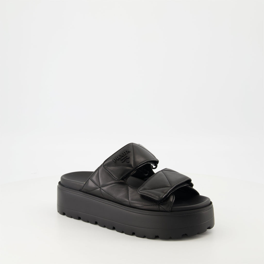 black mules, nappa leather footwear, quilted mules, Prada footwear, women's mules