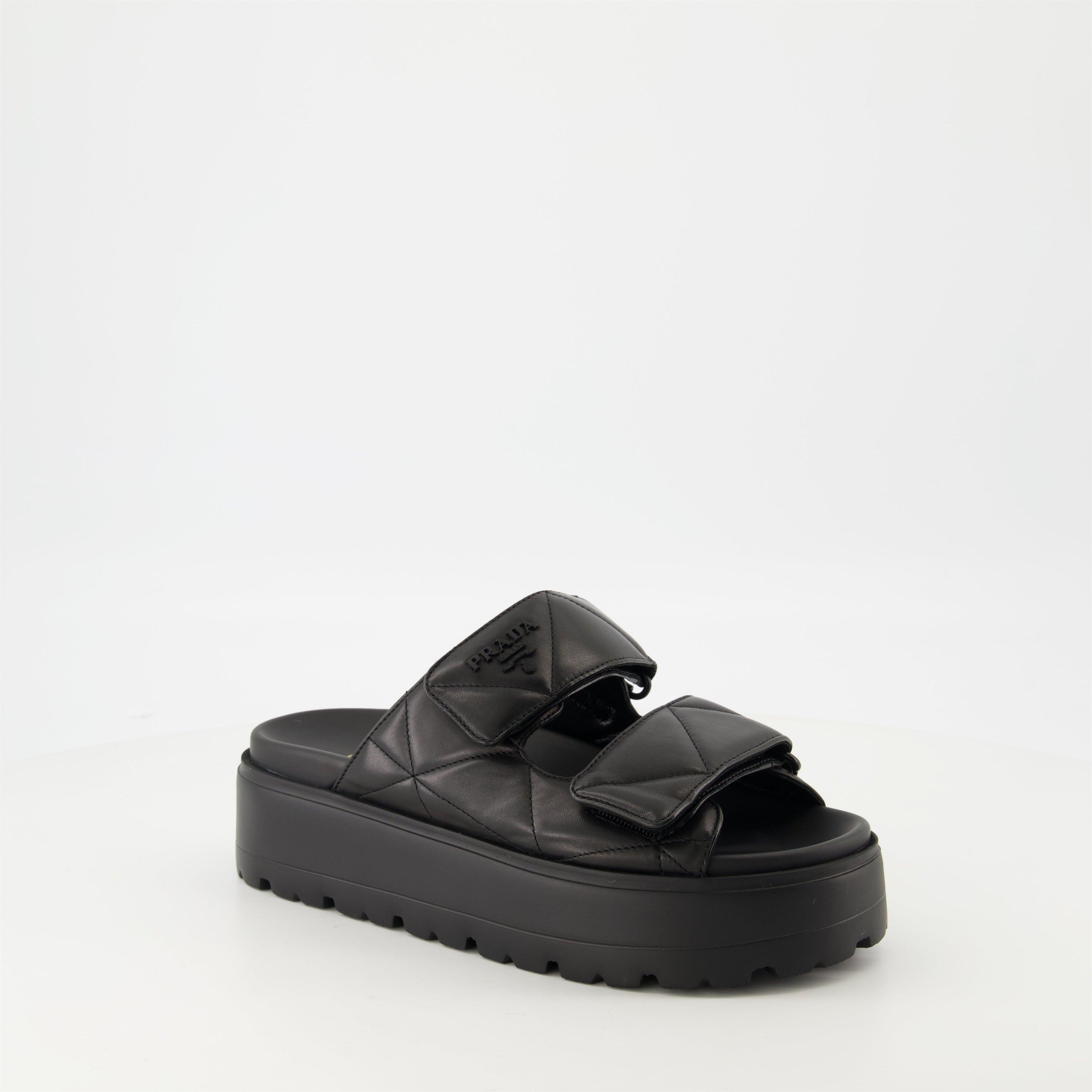 black mules, nappa leather footwear, quilted mules, Prada footwear, women's mules