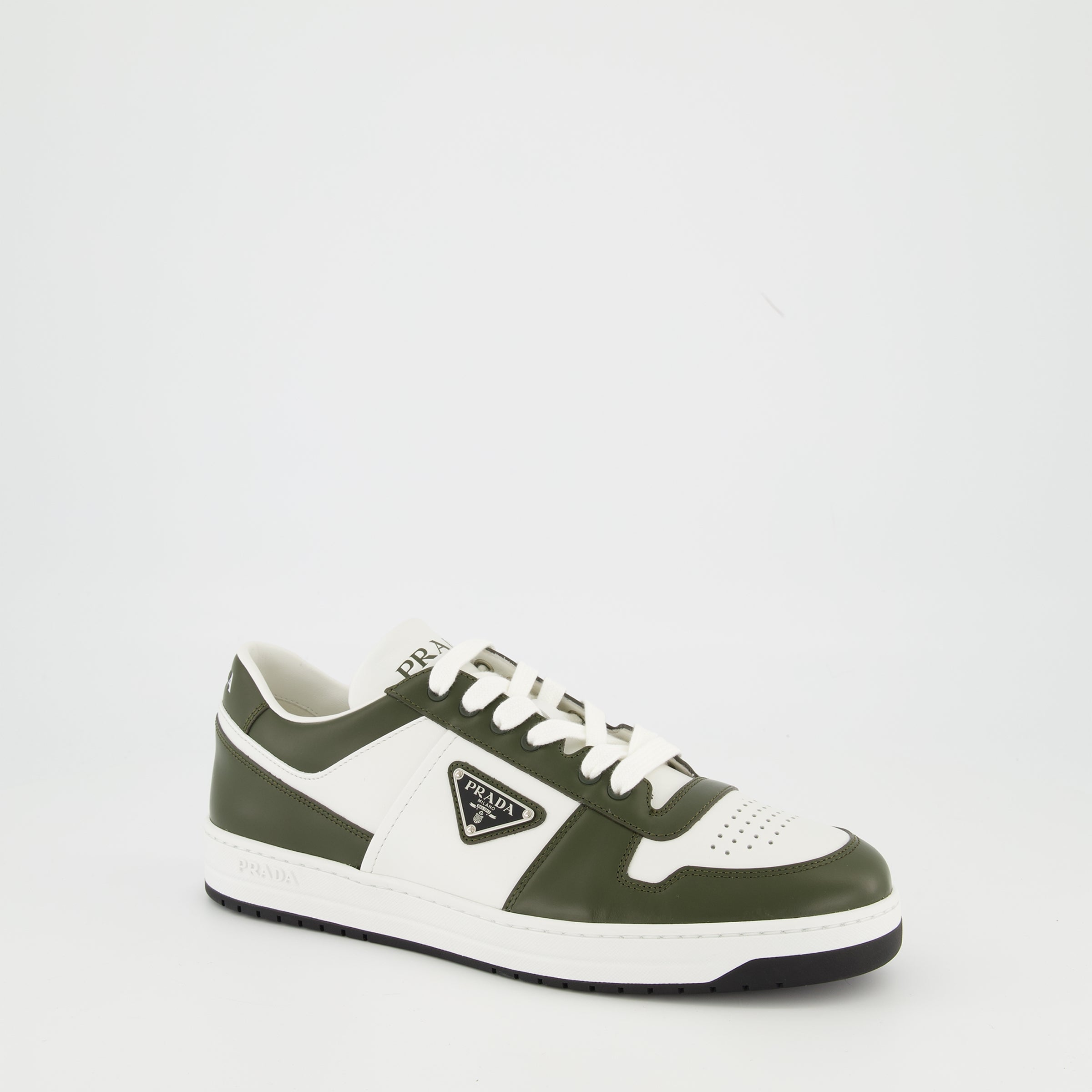 Prada sneakers, Downtown model, calf leather shoes, khaki and white sneakers, men's footwear