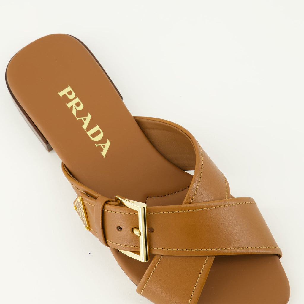 brown leather sandals, Prada shoes, square toe sandals, adjustable fit footwear, calfskin leather sandals