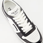 Image of White and Black Leather Downtown Sneakers by Prada for Women - Season Autumn-Winter 2024 - Top Detail View
