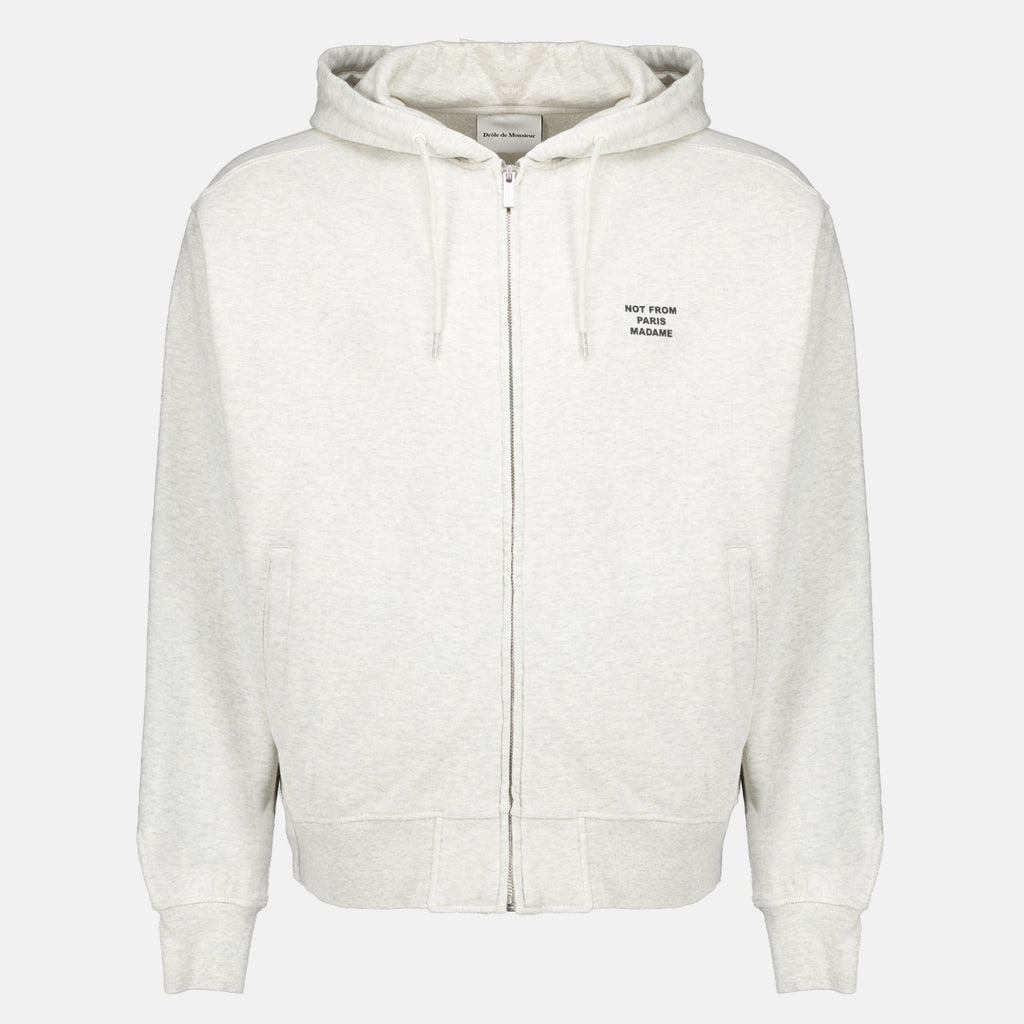Sudadera gris con cremallera y eslogan