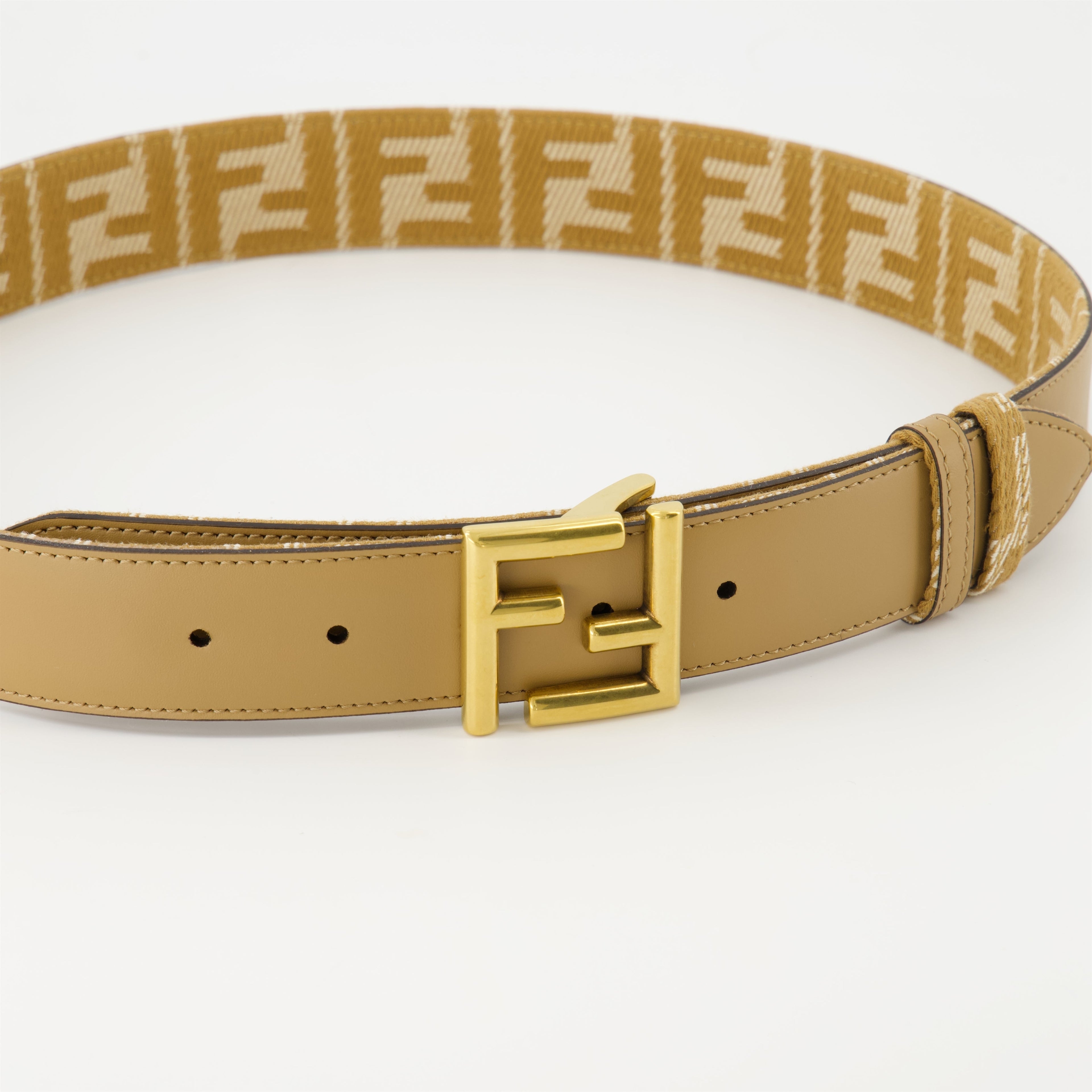 Fendi belt, reversible design, leather and denim, adjustable belt, FF jacquard