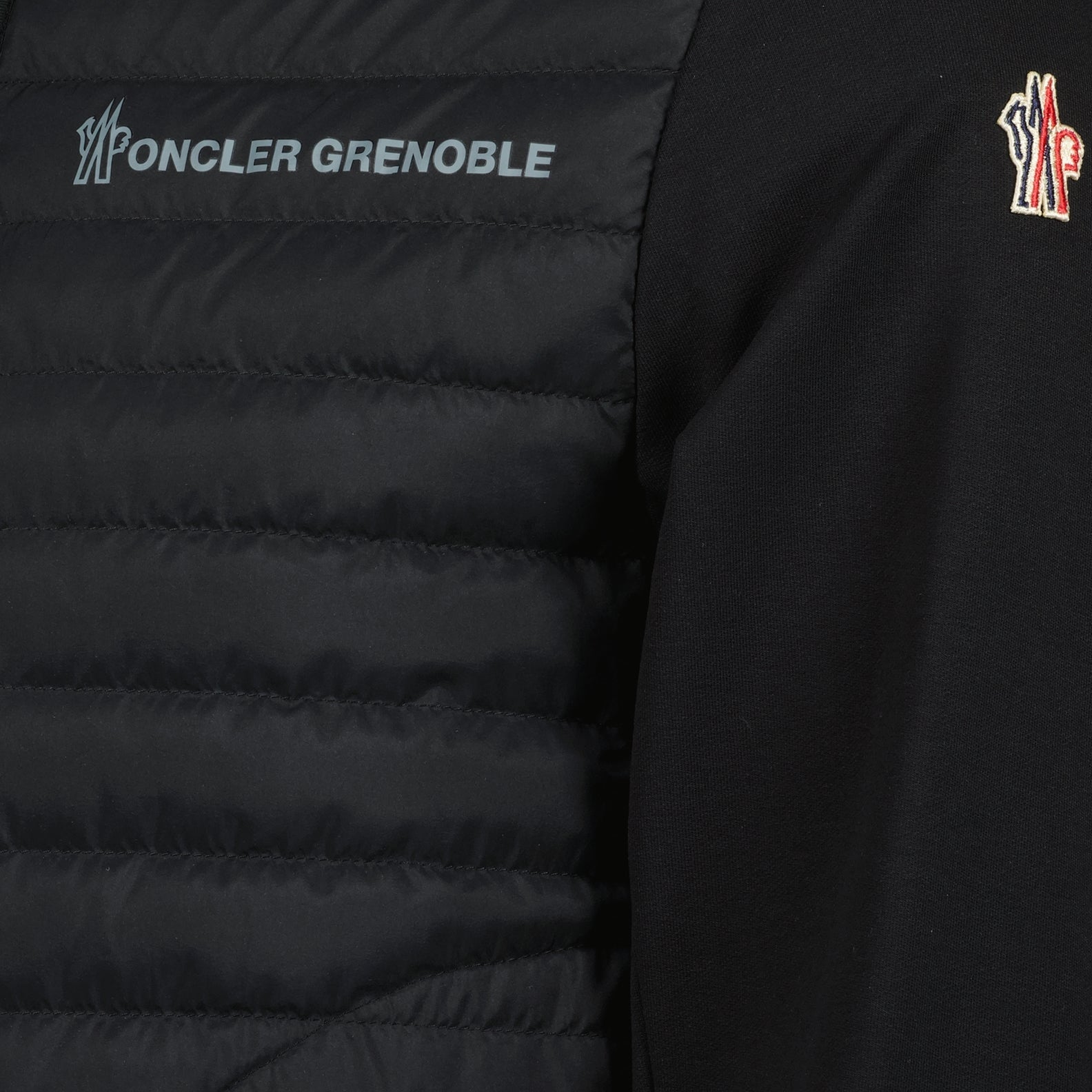 black quilted jacket, Moncler Grenoble jacket, women's outerwear, stylish zip jacket, luxury fashion