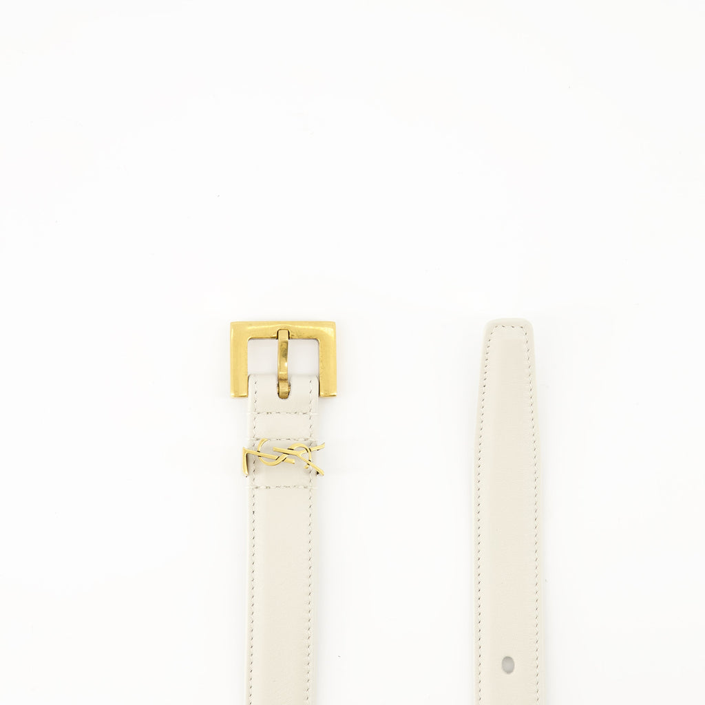 Cassandre white belt, luxury leather belt, Saint Laurent accessories, adjustable belt, refined fashion accessory