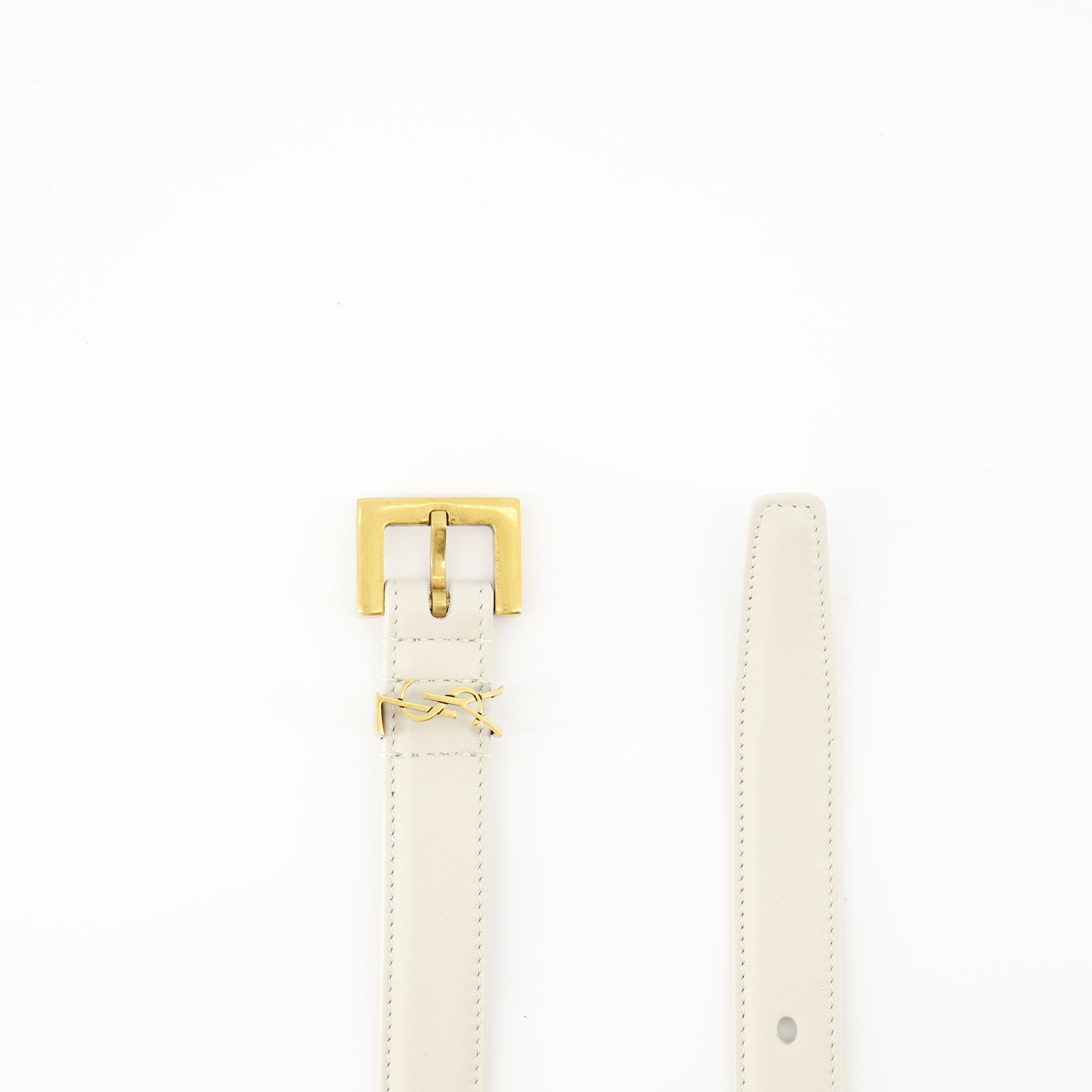 Cassandre white belt, luxury leather belt, Saint Laurent accessories, adjustable belt, refined fashion accessory