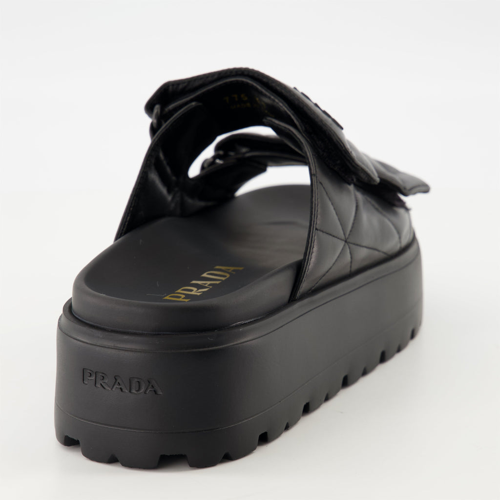 black mules, nappa leather footwear, quilted mules, Prada footwear, women's mules
