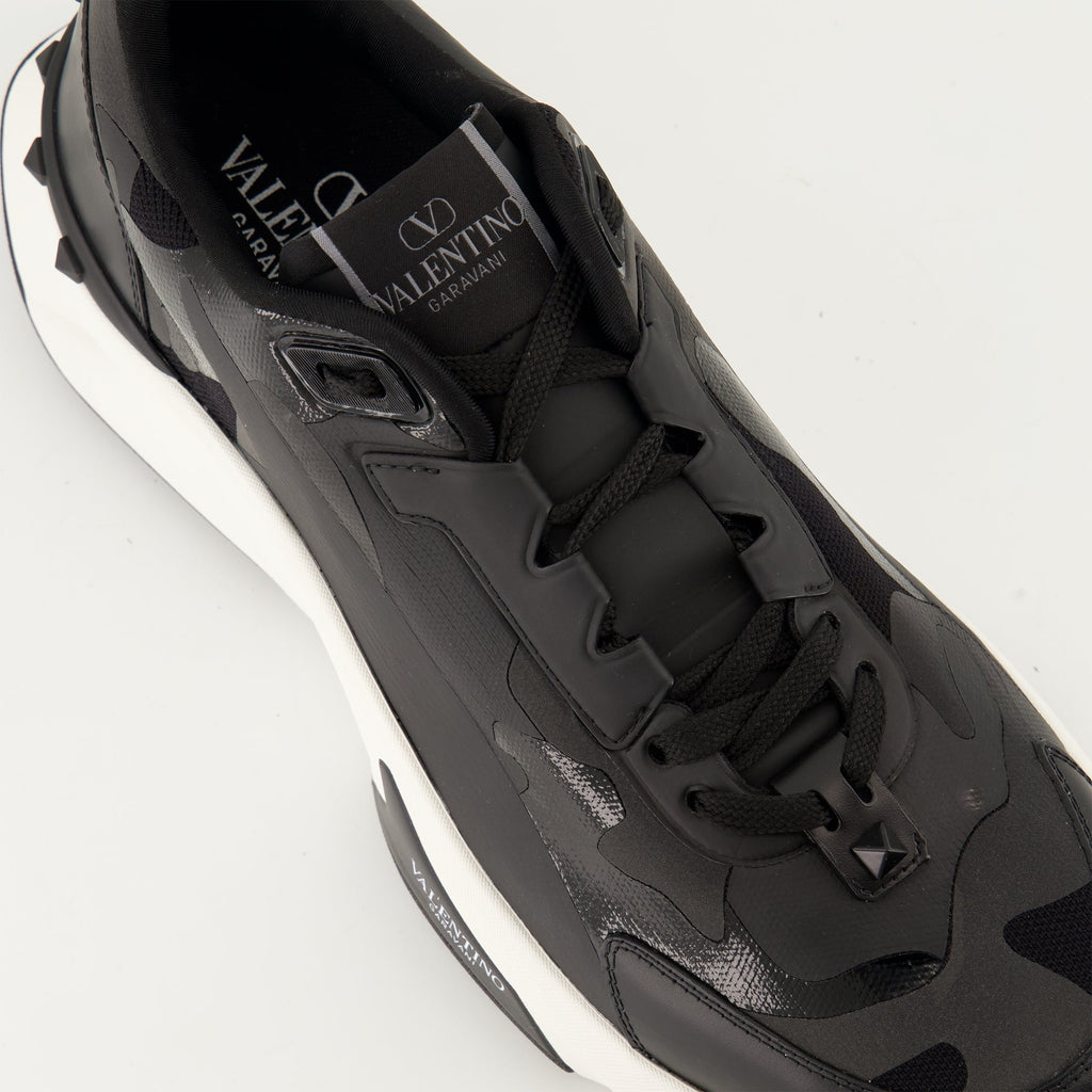 Black Camouflage Sneakers, Technical Fabric Sneakers, Leather Footwear, Rugged Rubber Sole, Contemporary Style