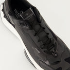 Black Camouflage Sneakers, Technical Fabric Sneakers, Leather Footwear, Rugged Rubber Sole, Contemporary Style