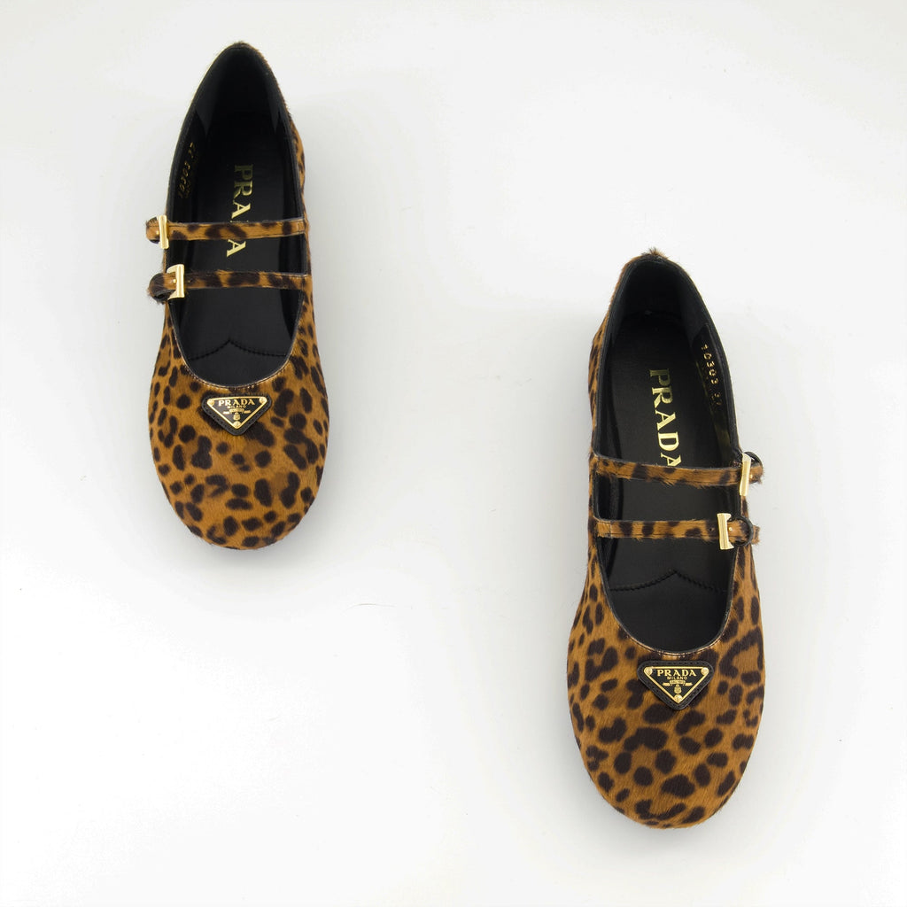 Prada ballerinas, leopard print shoes, calf leather flats, designer footwear, adjustable strap ballerinas
