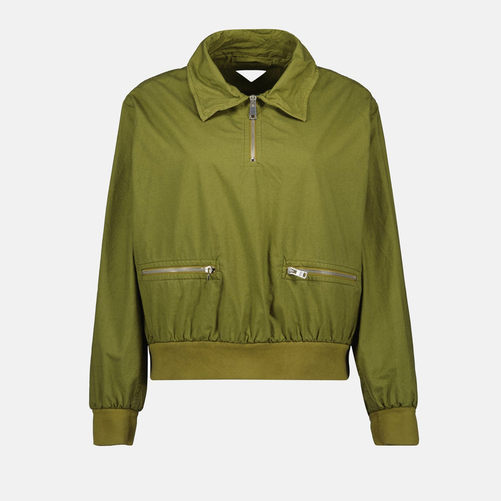 olive green jacket, poplin jacket, Prada jacket, funnel collar jacket, women's outerwear