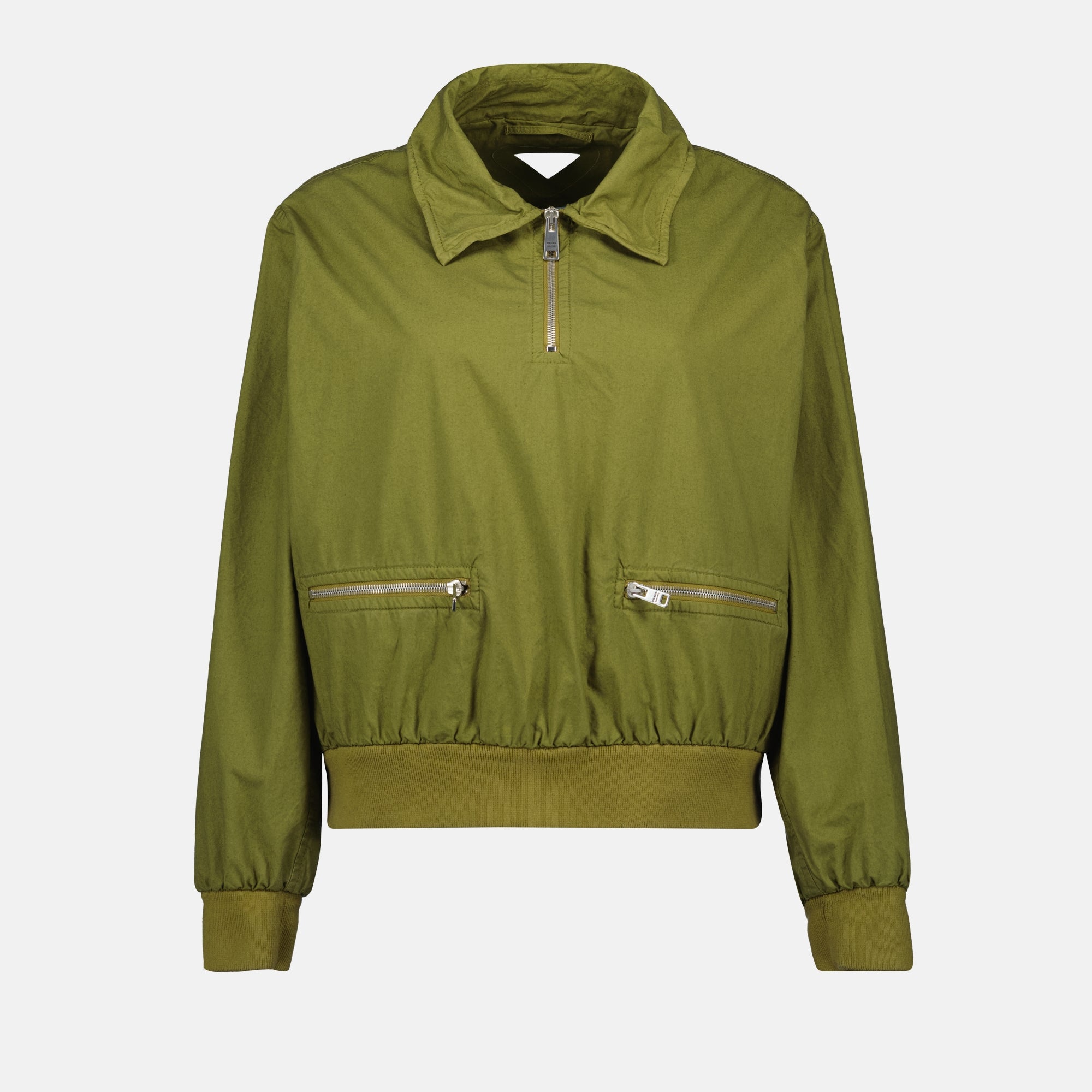 olive green jacket, poplin jacket, Prada jacket, funnel collar jacket, women's outerwear