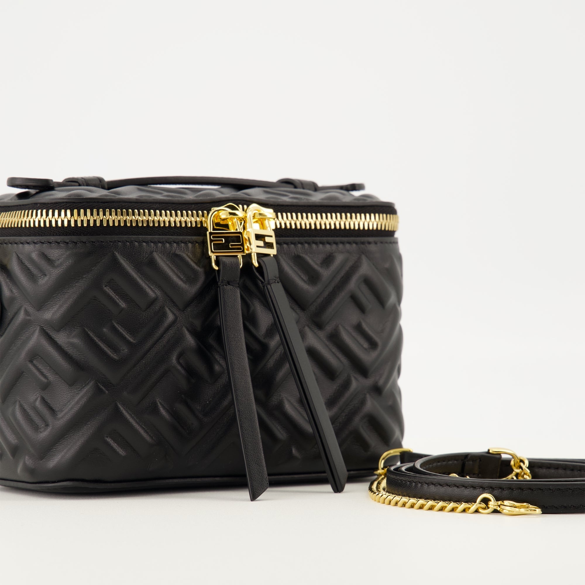 Fendi vanity bag, black leather bag, lambskin accessory, luxury handbag, 3D embossed FF