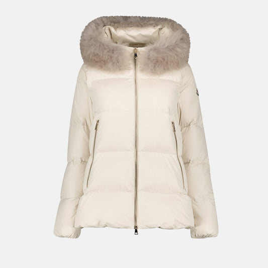 Laichefur jacket, Moncler coat, shearling collar, white down jacket, winter fashion