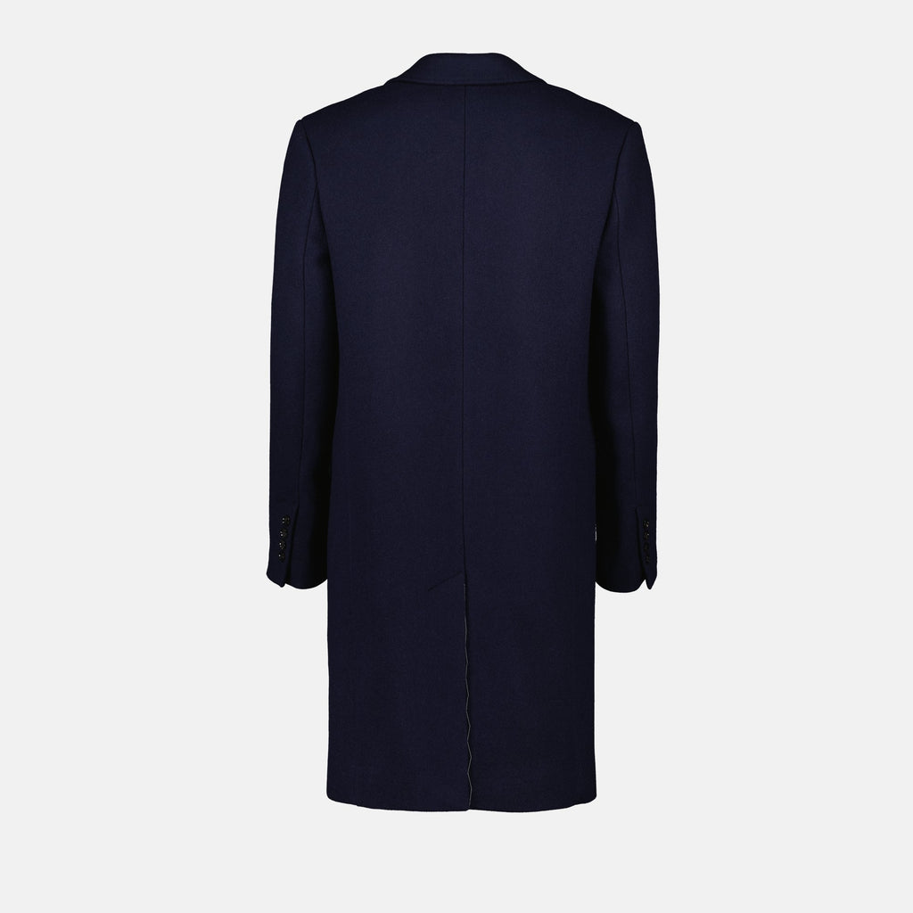Image of Navy Wool Long Coat by Ami PARIS for Men - Season Autumn-Winter 2024 - Detail View 2