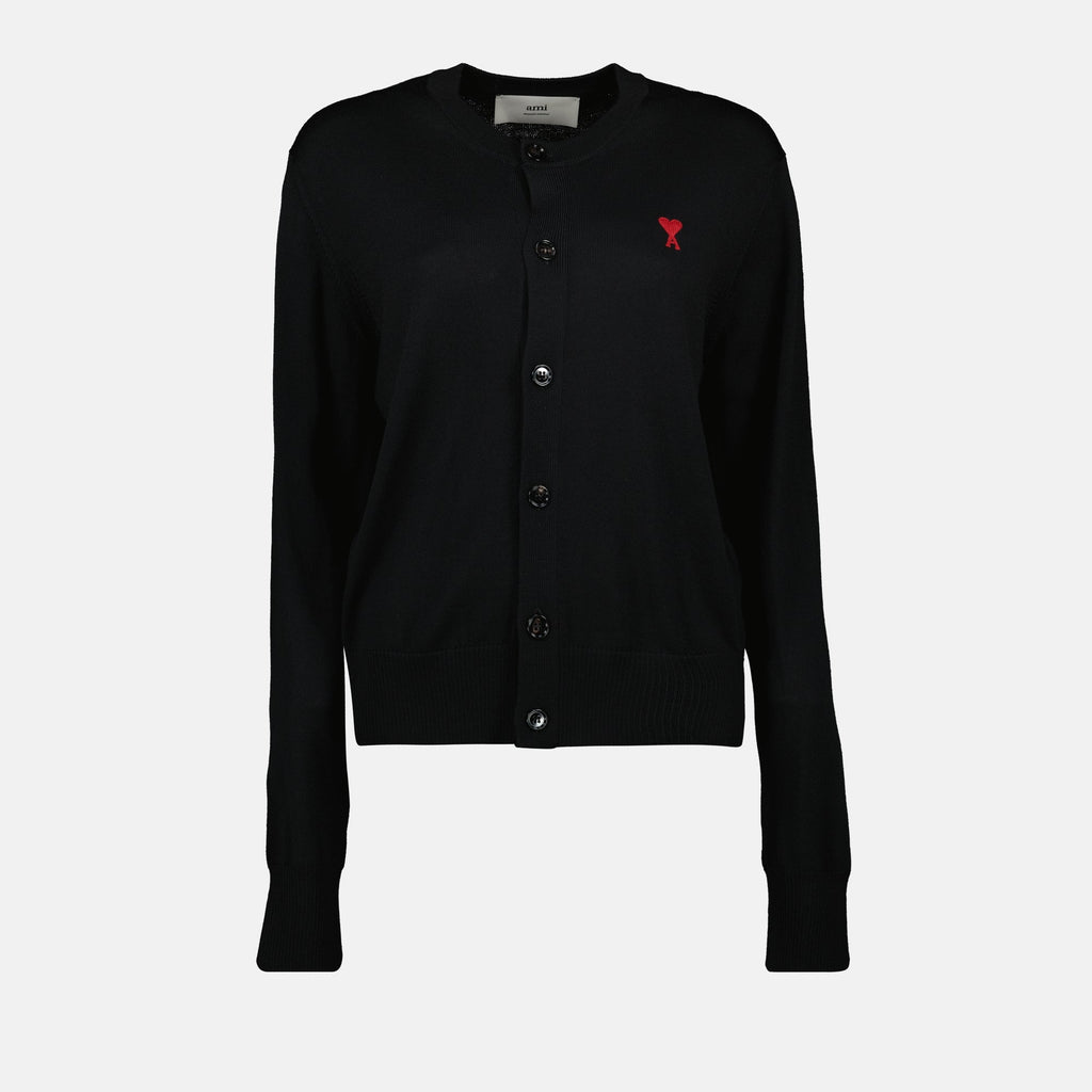 Ami de coeur, wool cardigan, black cardigan, embroidered logo, women's fashion