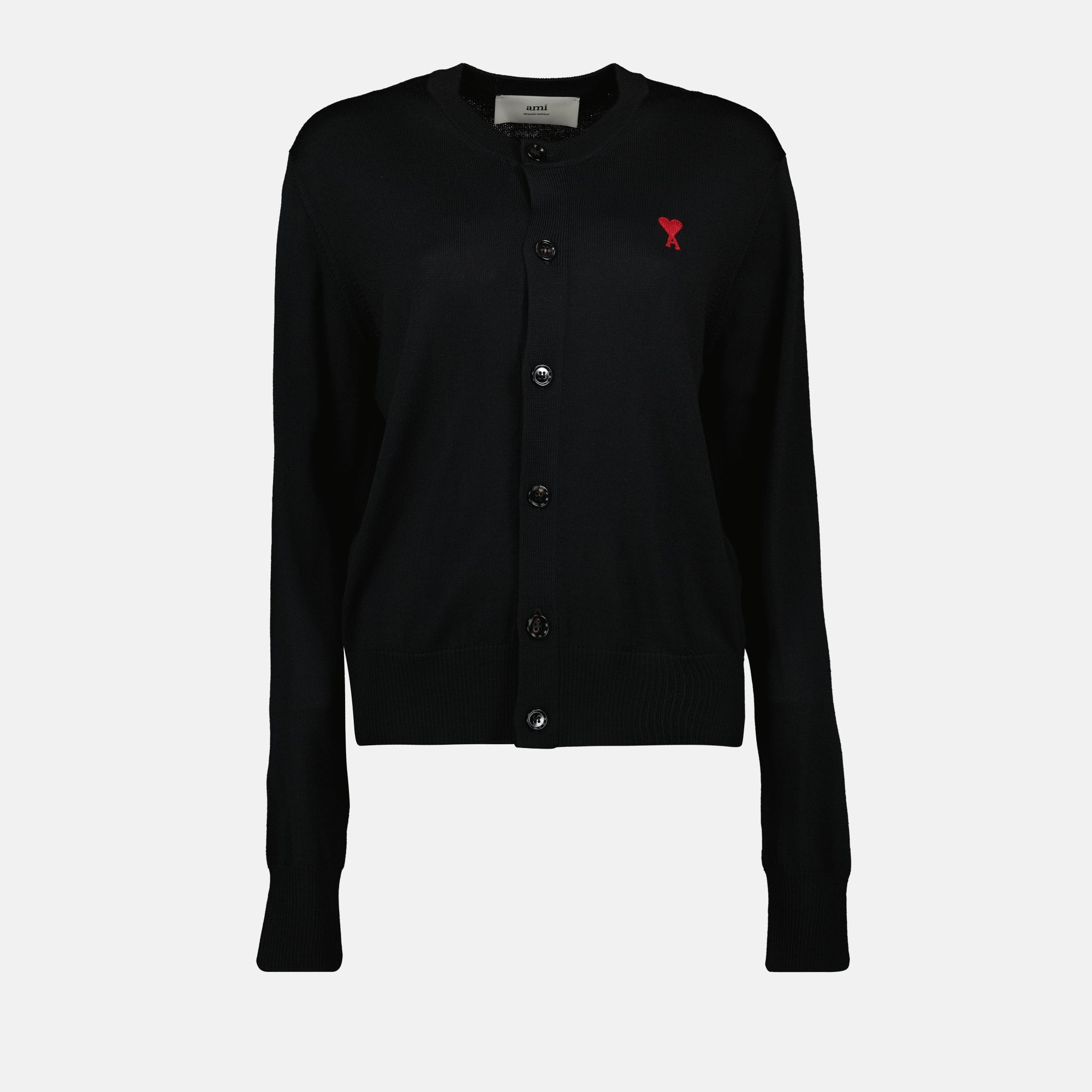 Ami de coeur, wool cardigan, black cardigan, embroidered logo, women's fashion