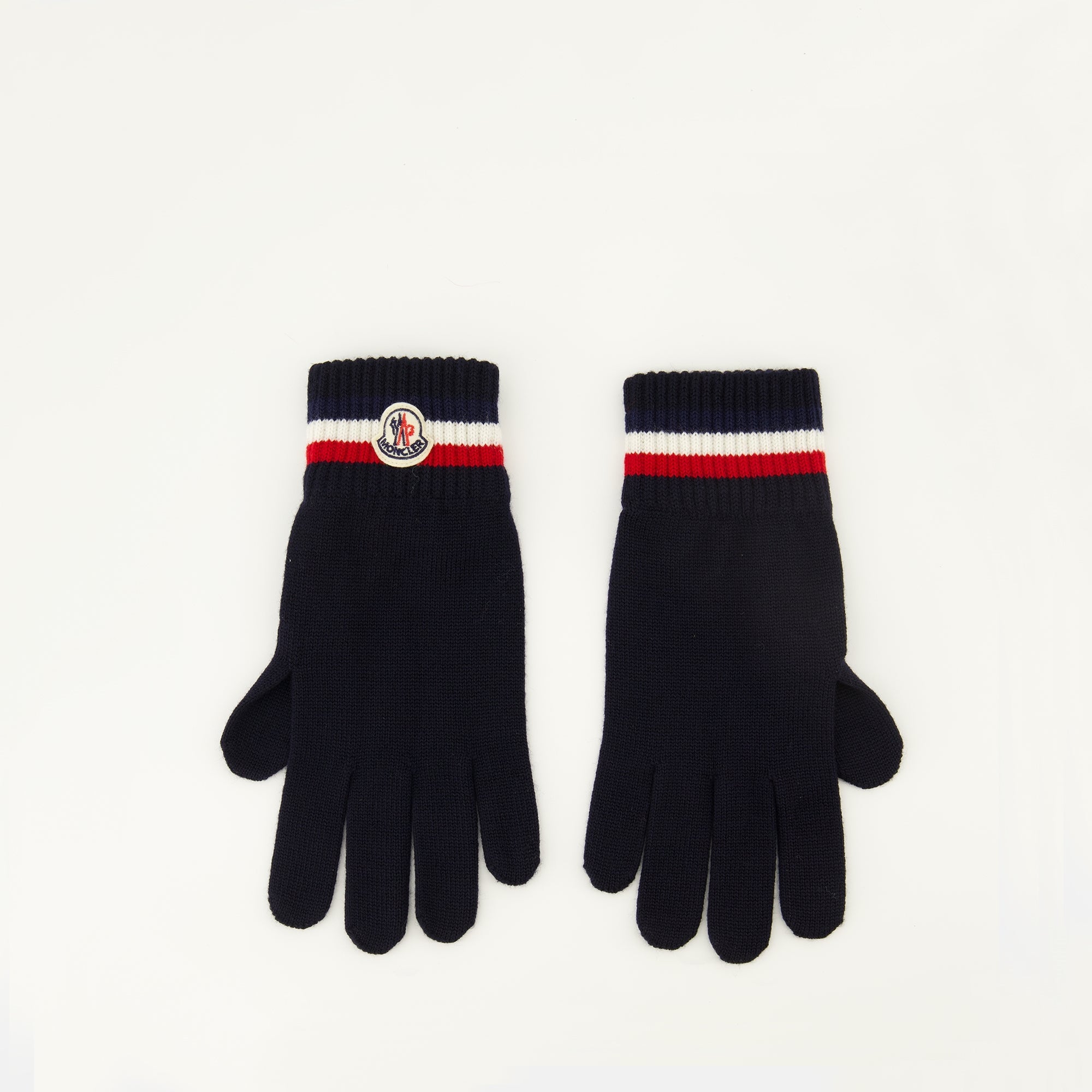 Moncler gloves, tricolore wool gloves, premium winter accessories, comfortable stylish gloves, navy blue gloves