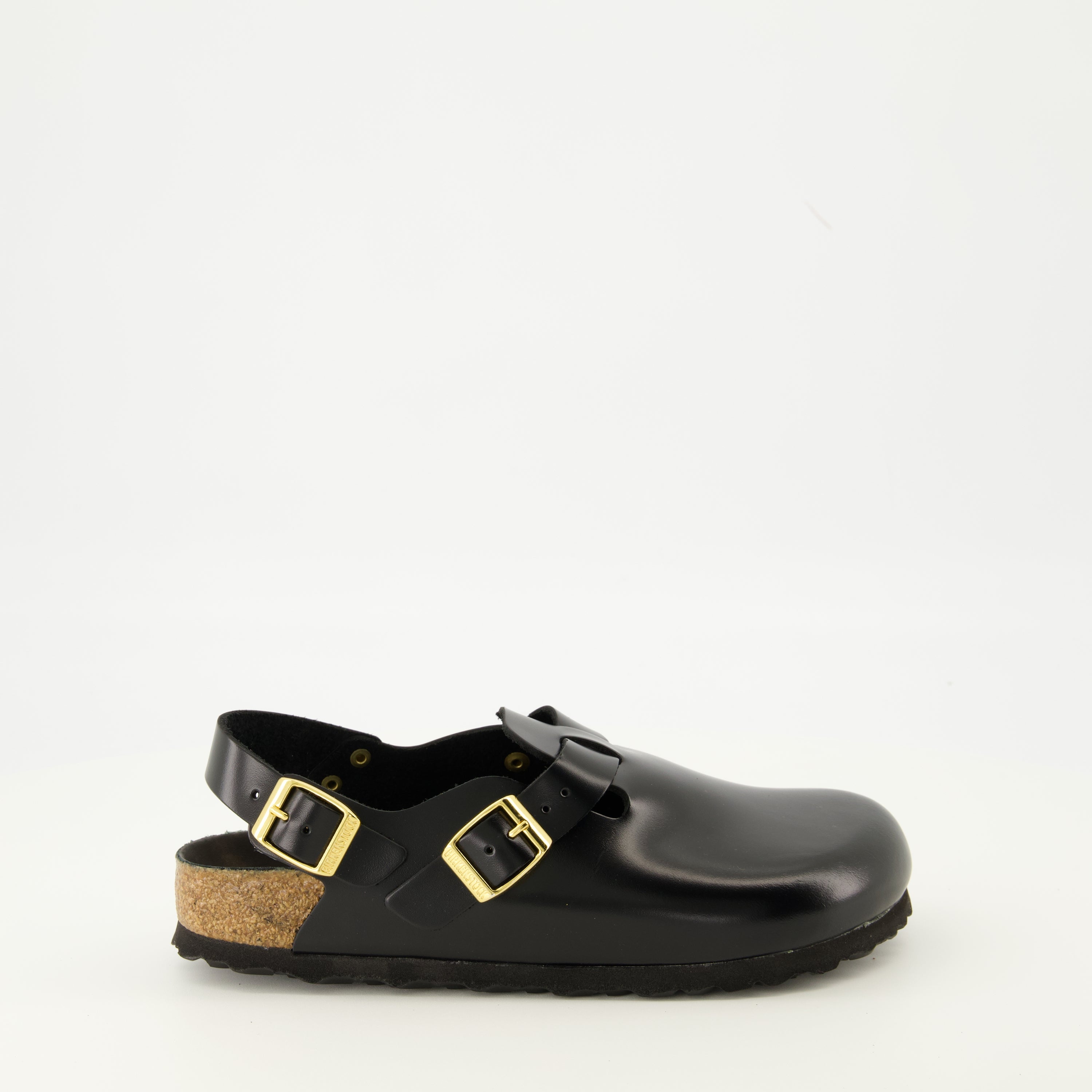 black sandals, Birkenstock footwear, adjustable strap sandals, molded footbed, comfortable sandals