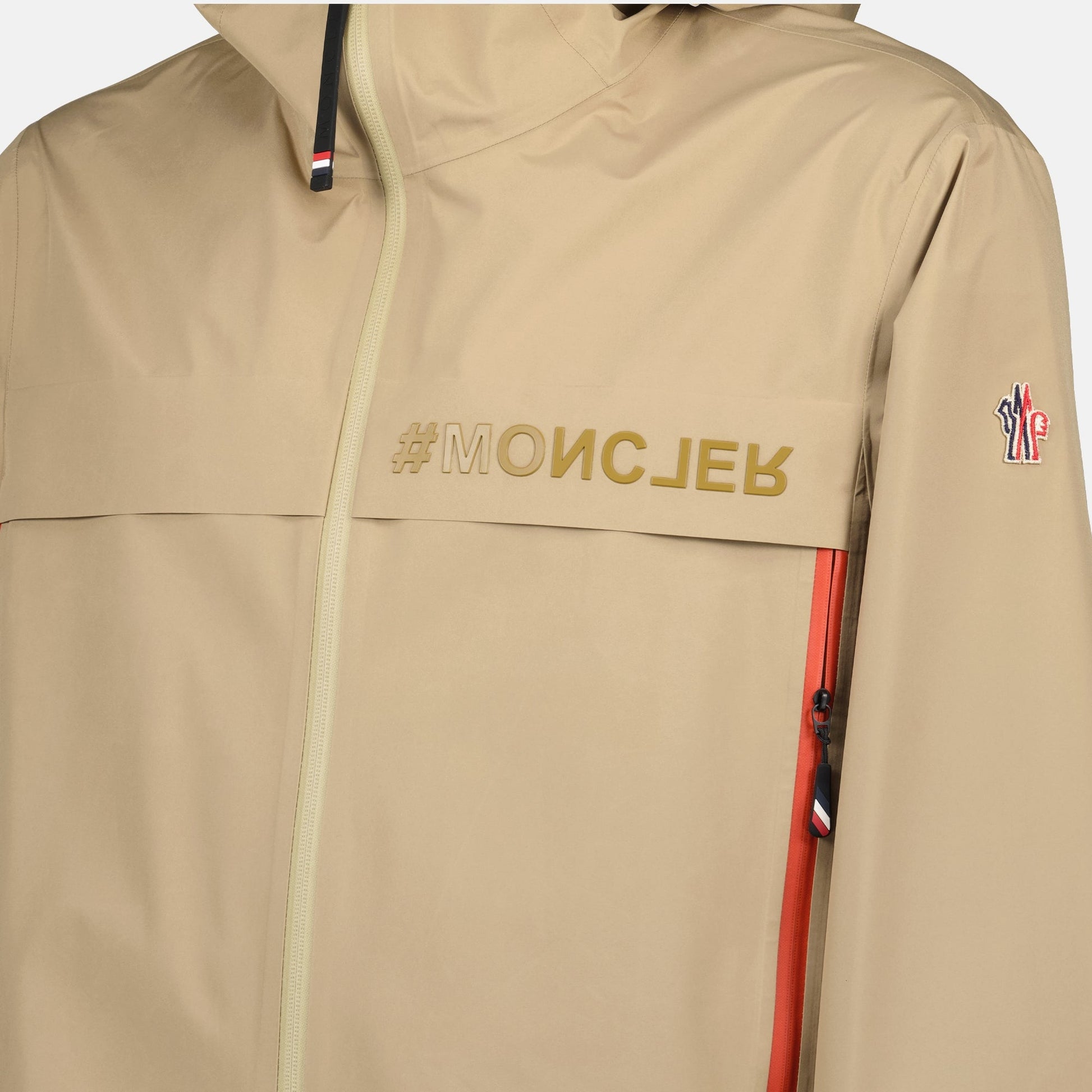 beige windbreaker jacket, Moncler Grenoble jacket, nylon jacket, tricolor details, adjustable hood