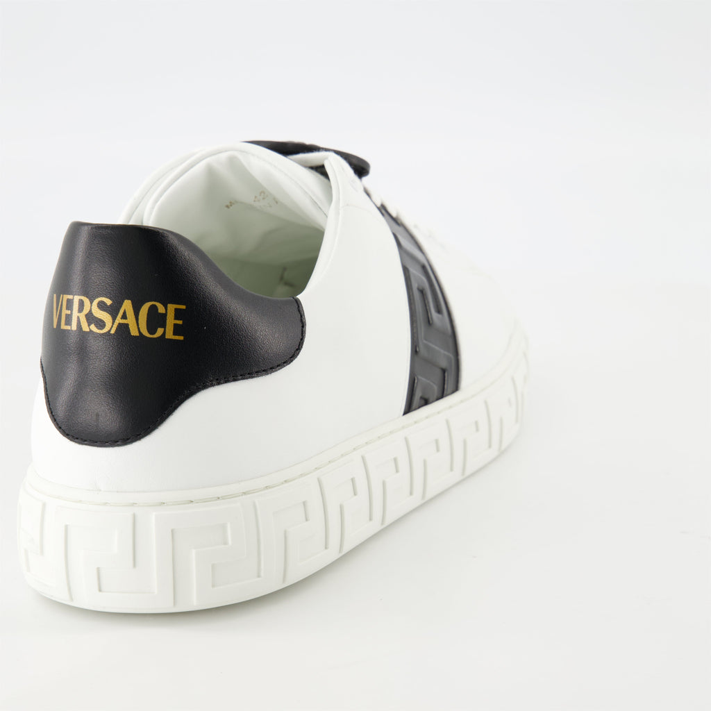 Versace sneakers, Greca design, black and white sneakers, smooth leather footwear, luxury casual shoes
