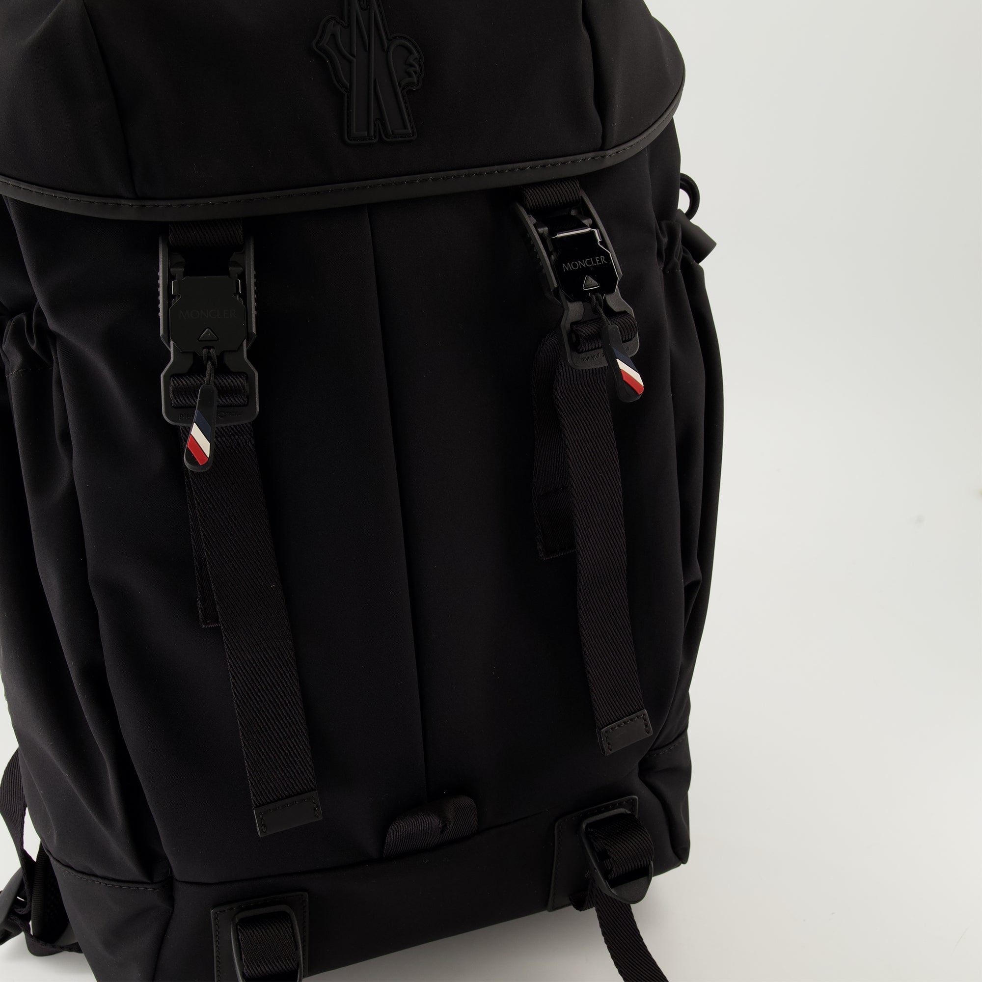 black nylon backpack, Grenoble collection, adjustable straps, Moncler accessory, stylish men's backpack